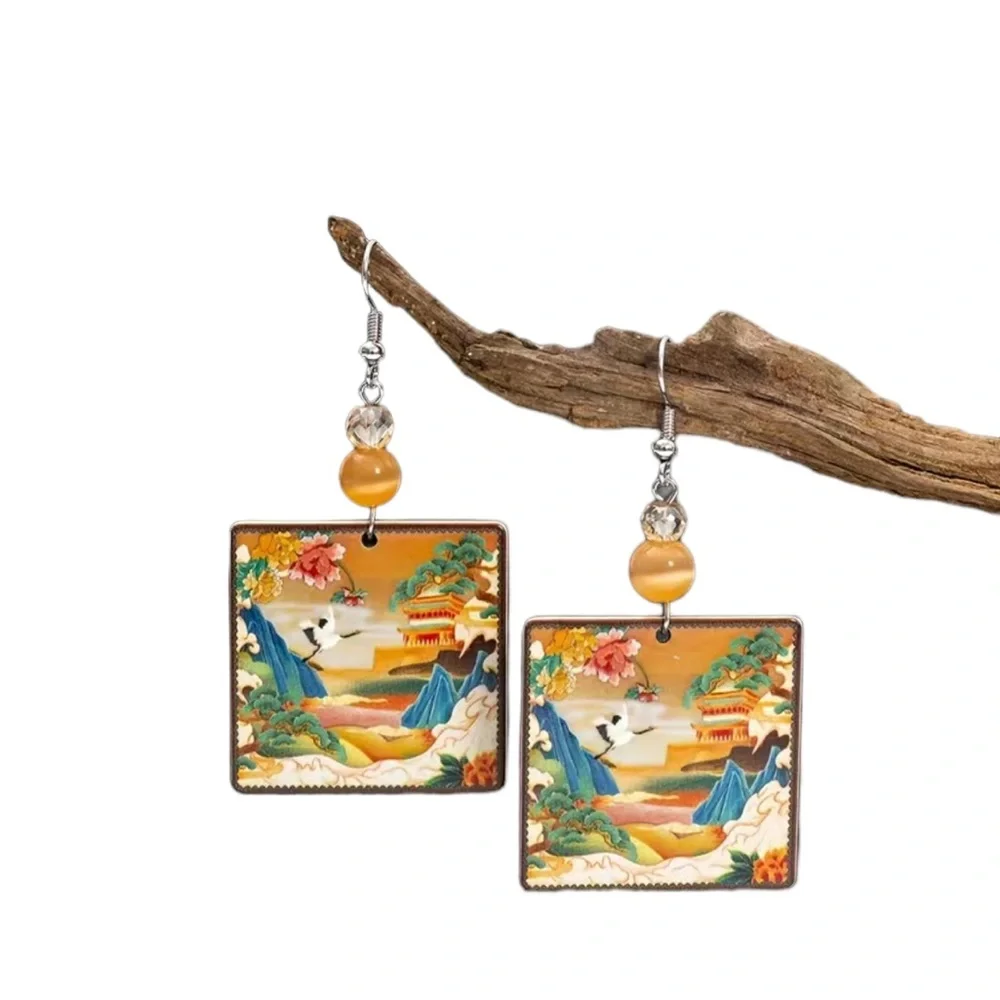 Colorful Crane Mountain Oriental Square Drop Earrings - Picture 4 of 6